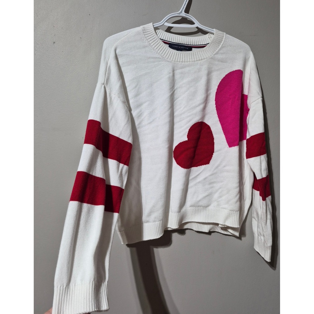 Tommy Hilfiger Womens Heart Graphic Crewneck Sweater White Pink Red Stripe Large
